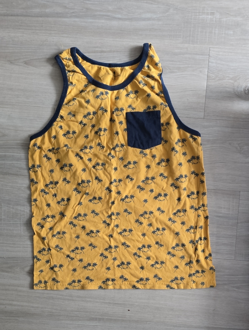 Men's Yellow Palm-Print Tank Top with Navy Pocket